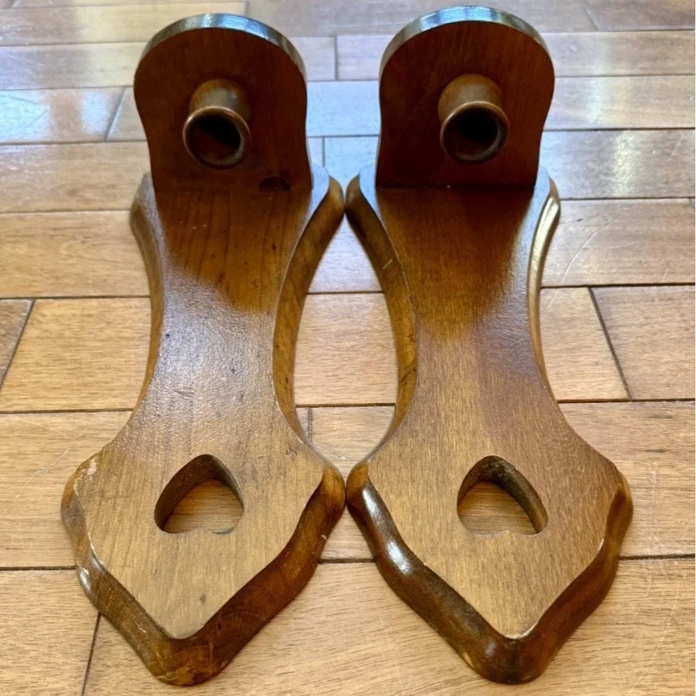 2pc VTG 60s MCM Wood Candlestick Heart Wall Sconce COUNTRY Cottage Core Farm